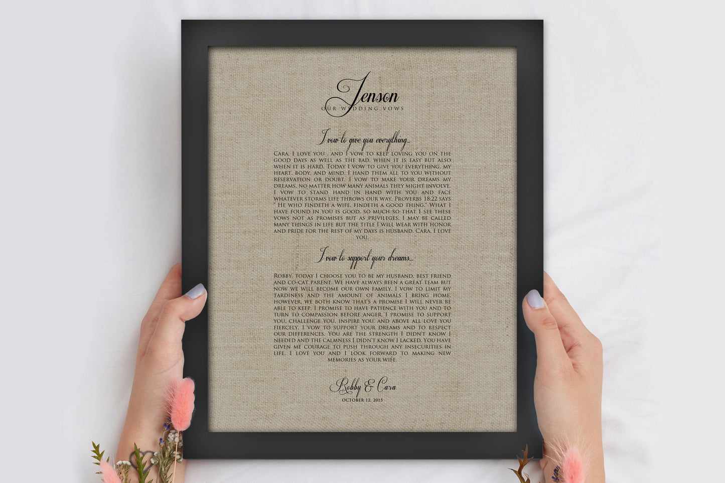 Our Vows on Linen, Framed Linen Anniversary Gift