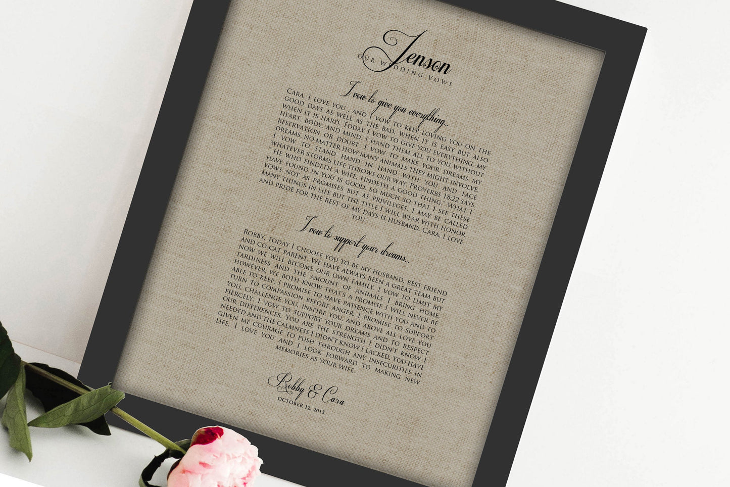 Our Vows on Linen, Framed Linen Anniversary Gift