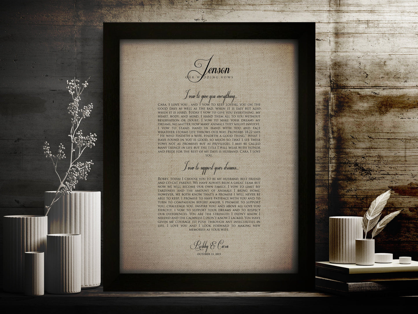 Our Vows on Linen, Framed Linen Anniversary Gift