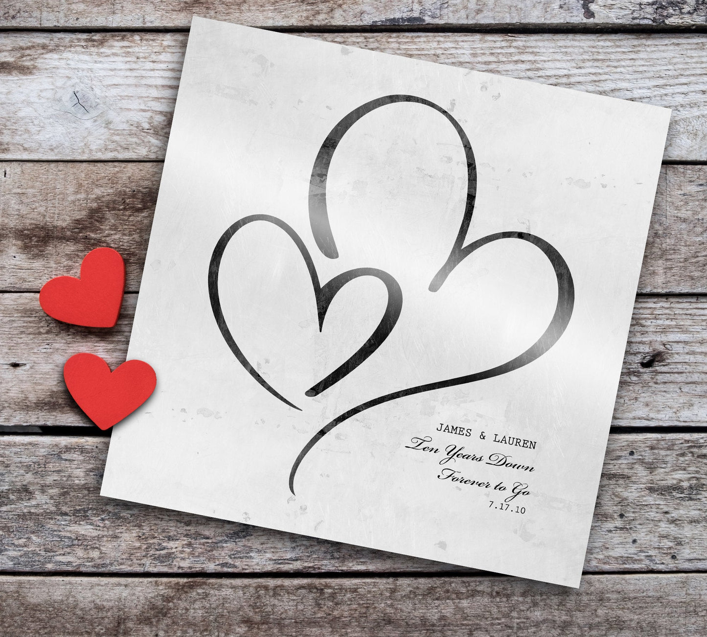 Ten Years Down Personalized Hearts Plaque on Tin