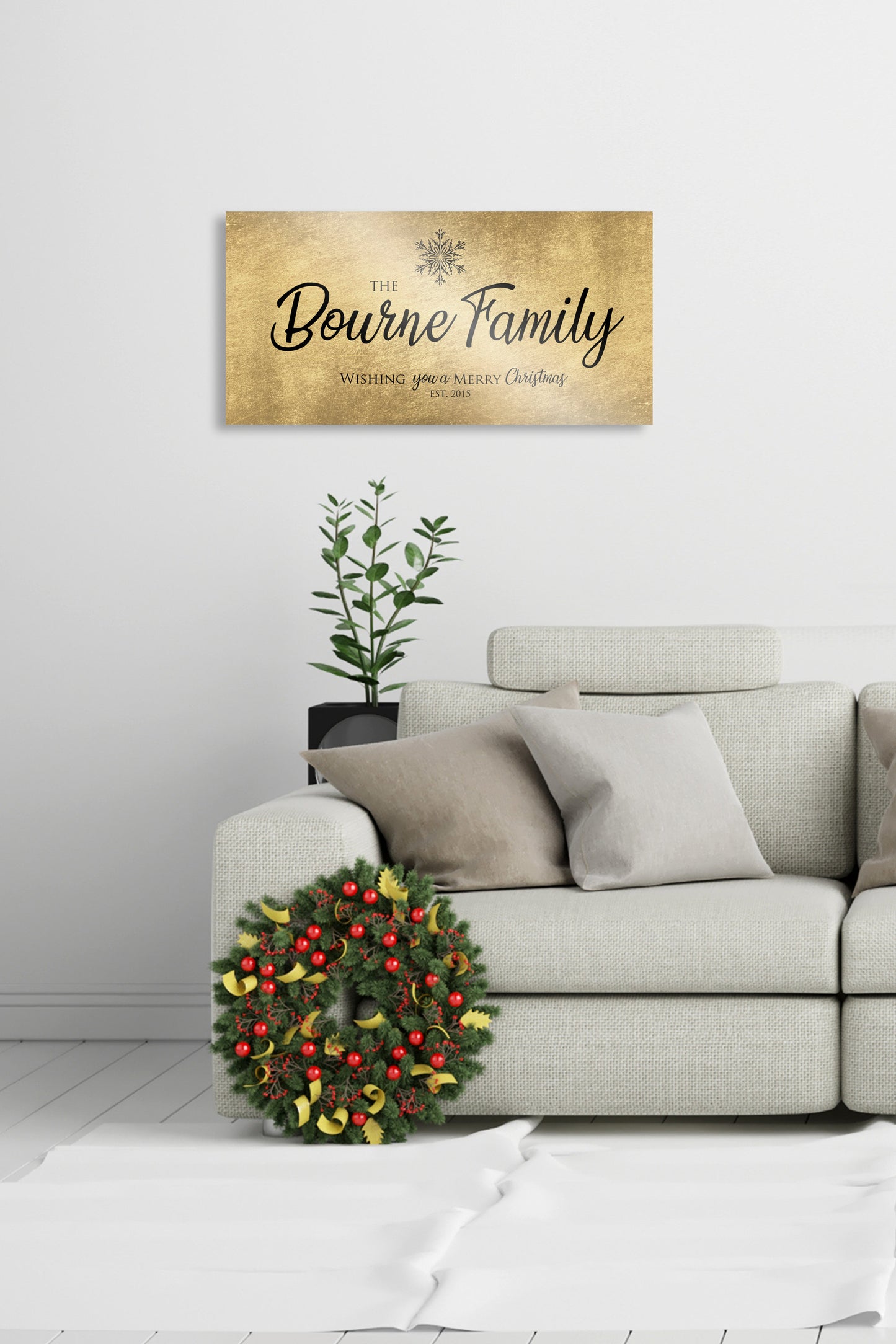 Rustic, Merry Christmas Sign, Last Name Sign, Snowflake Sign, Gold Christmas decor, Personalized Sign, Establsihed Sign, Large holiday art
