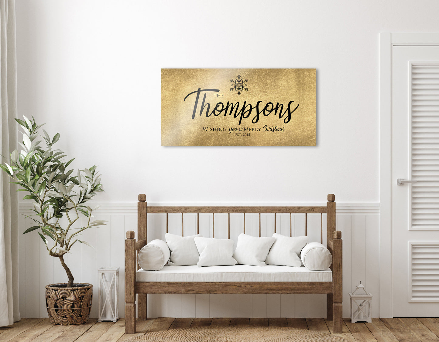 Rustic, Merry Christmas Sign, Last Name Sign, Snowflake Sign, Gold Christmas decor, Personalized Sign, Establsihed Sign, Large holiday art