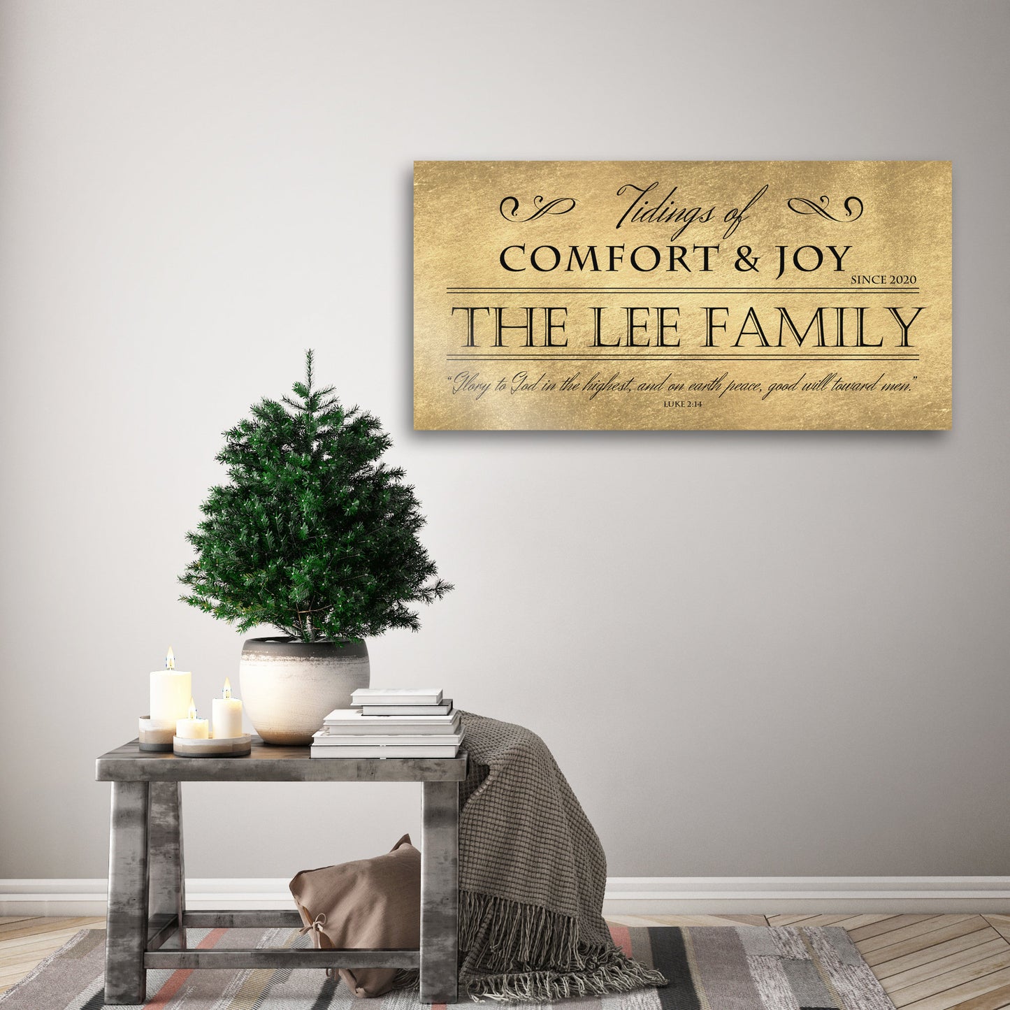 Comfort and Joy, Rustic Holiday Sign, Christmas Sign, Luke 2:14, Personalized Holiday Sign, Sign, Name Sign,  Gold Christmas decor, Gfit