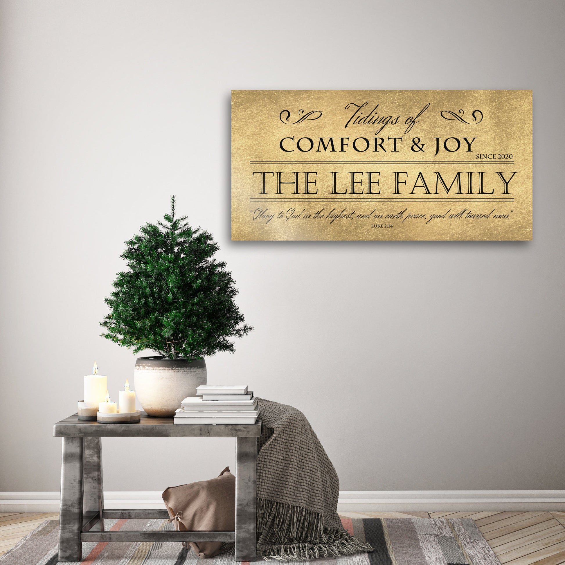 Comfort and Joy, Rustic Holiday Sign, Christmas Sign, Luke 2:14, Personalized Holiday Sign, Sign, Name Sign,  Gold Christmas decor, Gfit