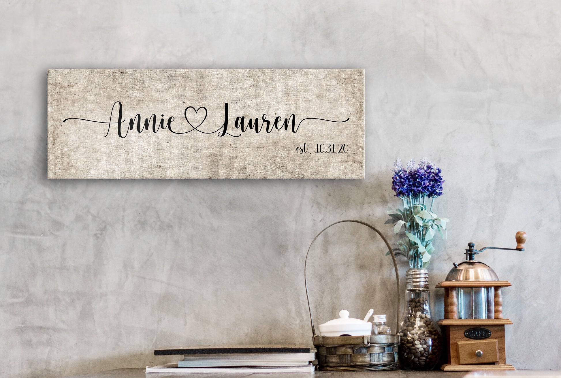 Rustic Cotton Name Sign, Couples Wall Art, Cotton Canvas Established sign, 2 year Anniversary Gift, Cotton Anniverary Gift, I Love You Gift
