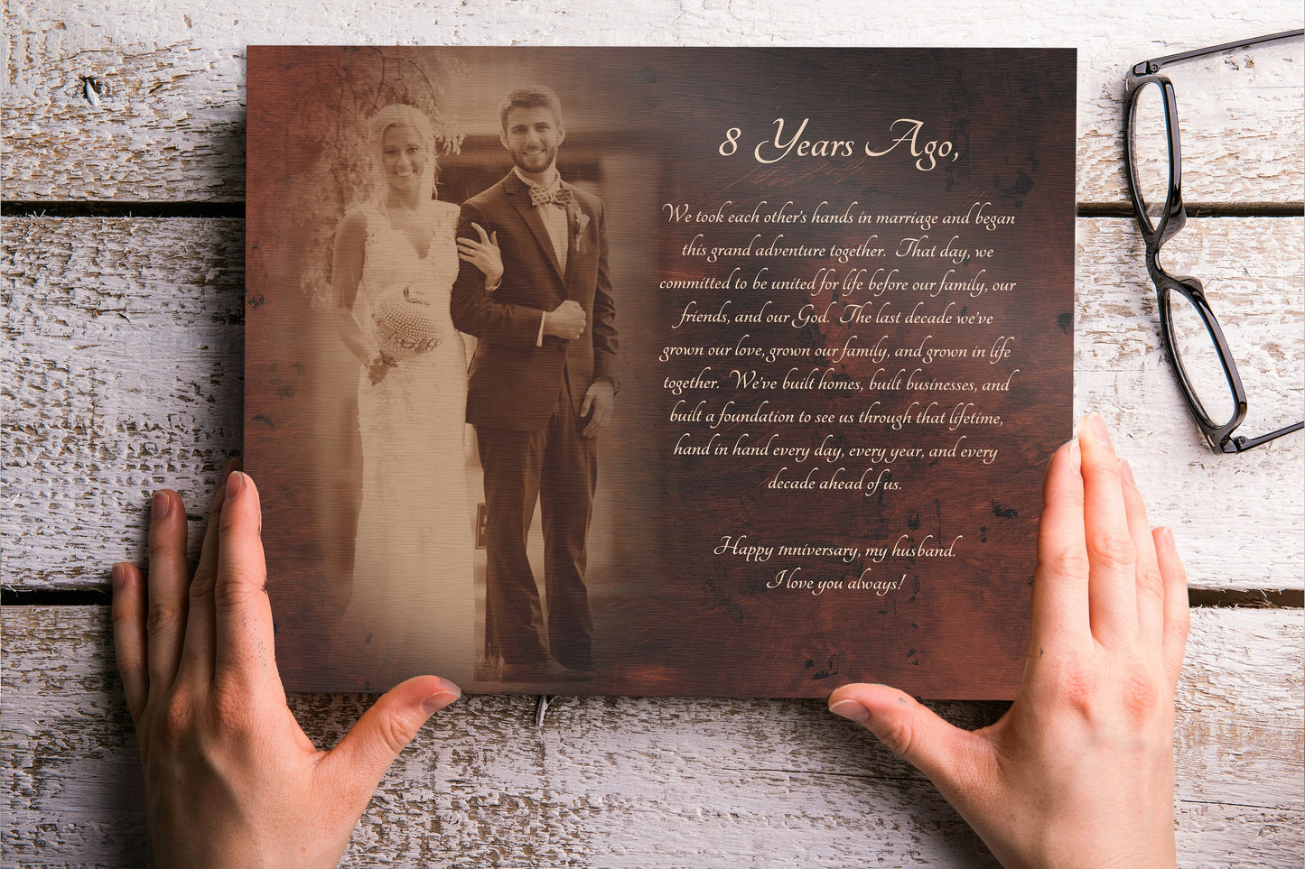 Bronze Anniversary Gift, 8th Anniversary gift, Wedding picture on bronze, Custom anniversary Gift, Vow with photo, Mens Anniversary Gift