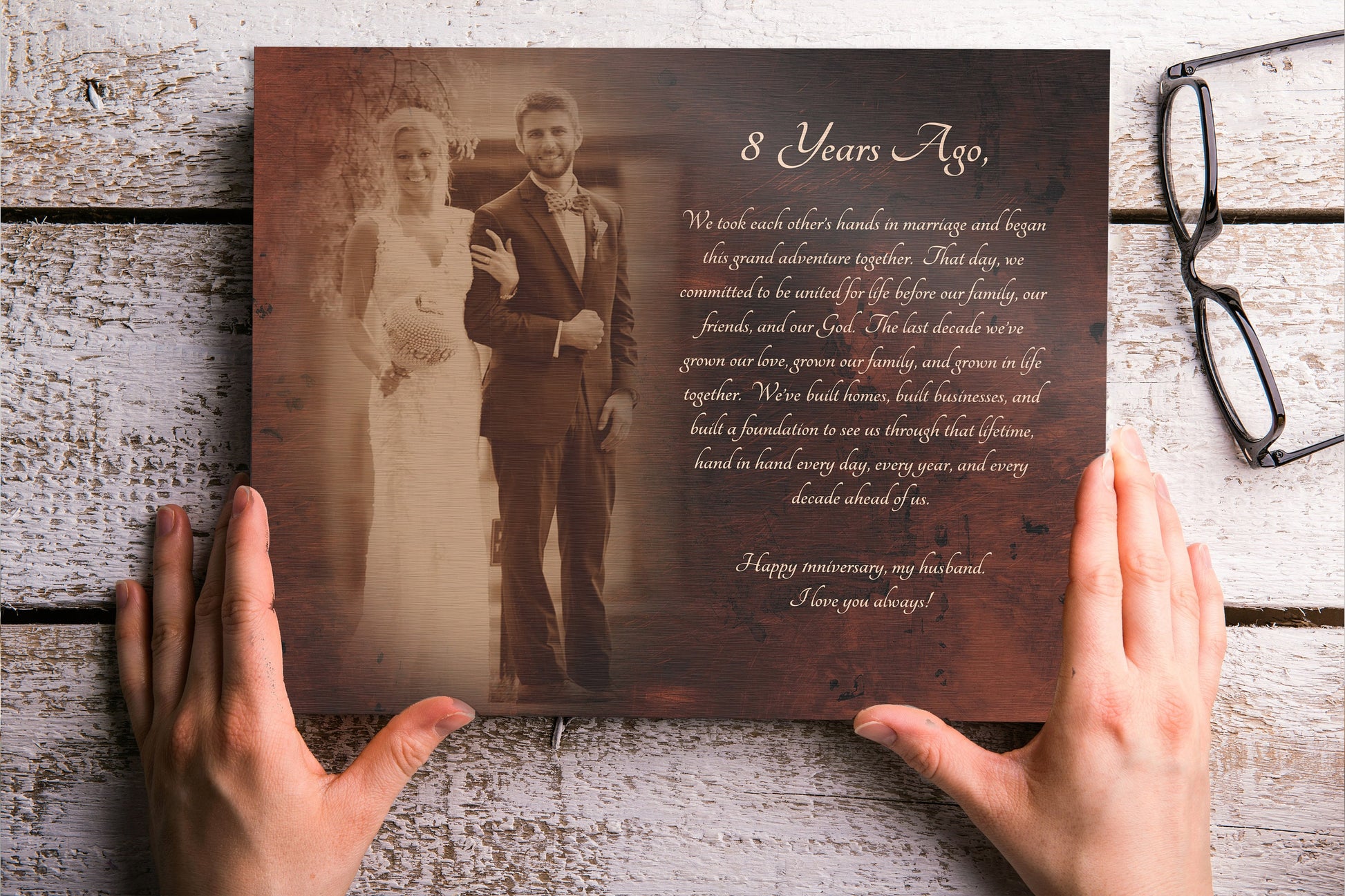 Bronze Anniversary Gift, 8th Anniversary gift, Wedding picture on bronze, Custom anniversary Gift, Vow with photo, Mens Anniversary Gift