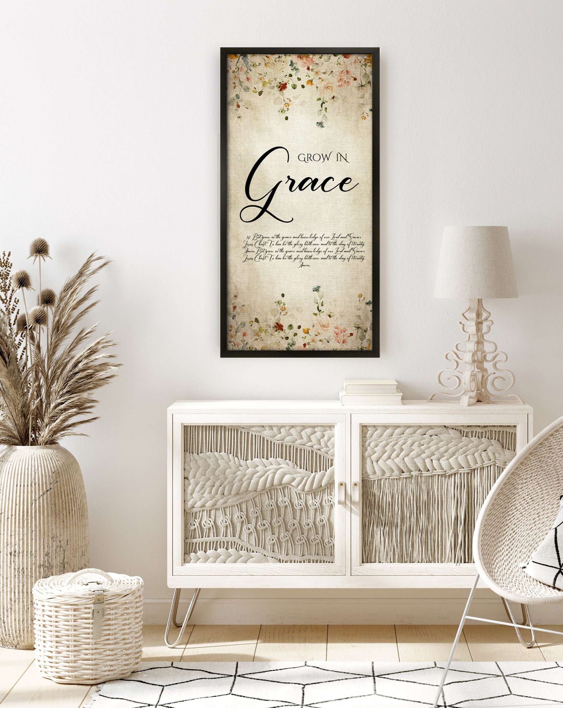Grow in Grace, Cottage Garden Floral Scripture Decor, 2 Peter 3:18, Framed Scripture, Christian quote art, Encouraging Gift, Bible verse art