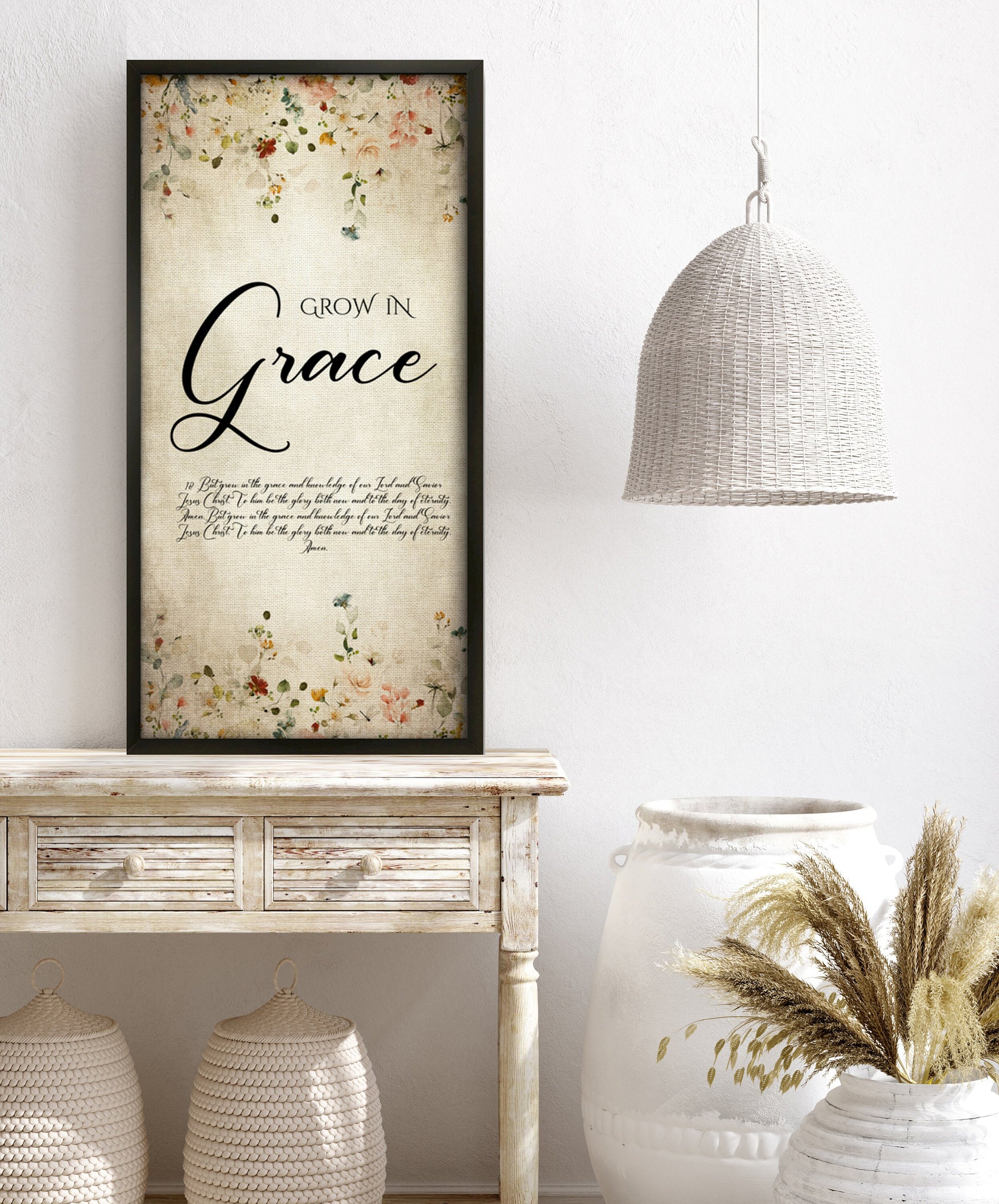 Grow in Grace, Cottage Garden Floral Scripture Decor, 2 Peter 3:18, Framed Scripture, Christian quote art, Encouraging Gift, Bible verse art