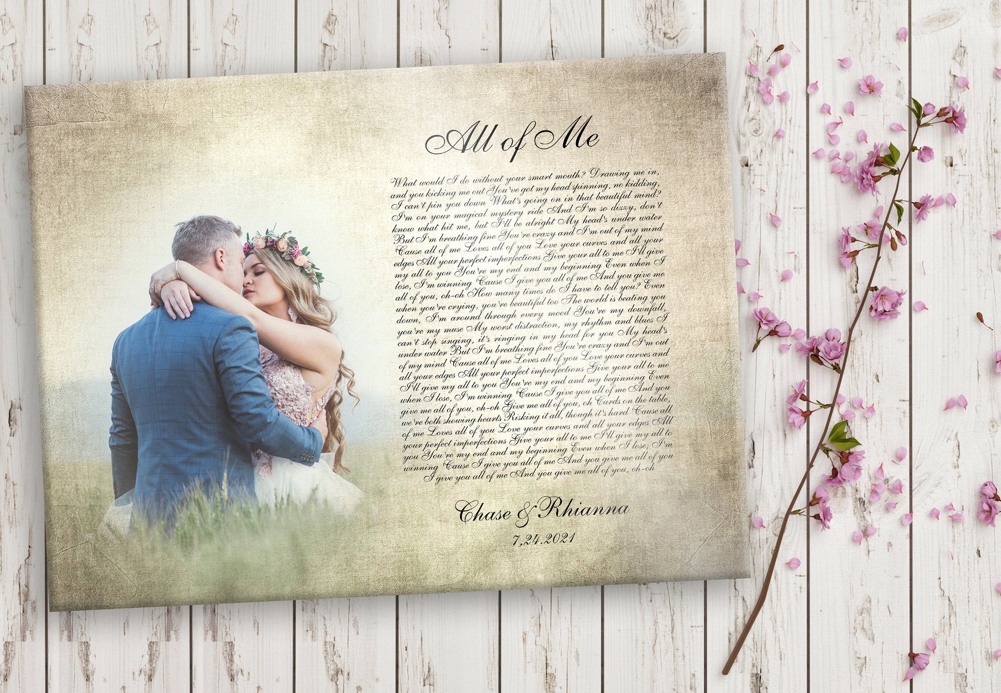 2 Year Anniversary Gift, Custom Cotton Photo Canvas, Song Lyrics and Photo, Cotton Gift for Anniversary, Canvas Print with Quote, 2nd Year