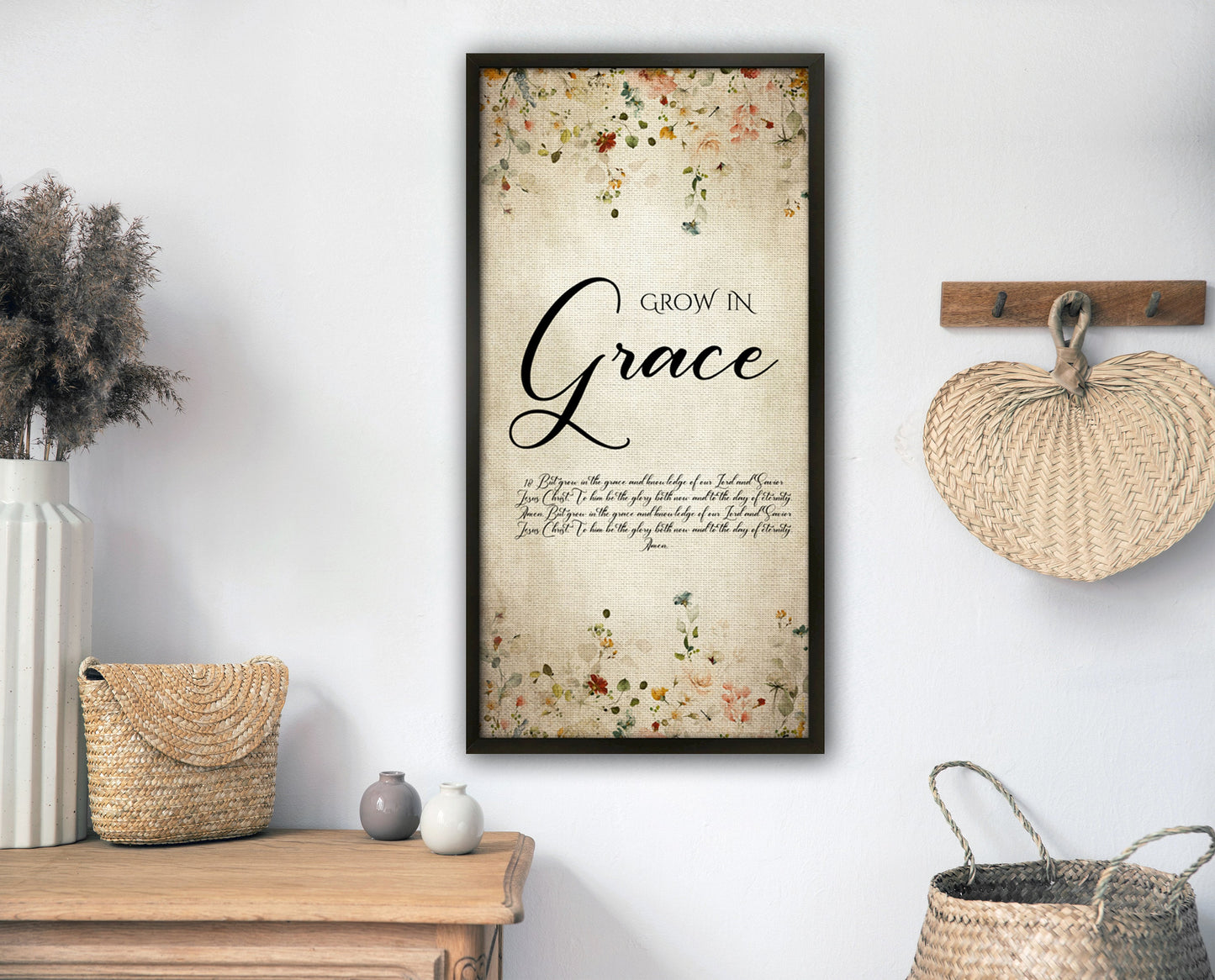 Grow in Grace, Cottage Garden Floral Scripture Decor, 2 Peter 3:18, Framed Scripture, Christian quote art, Encouraging Gift, Bible verse art