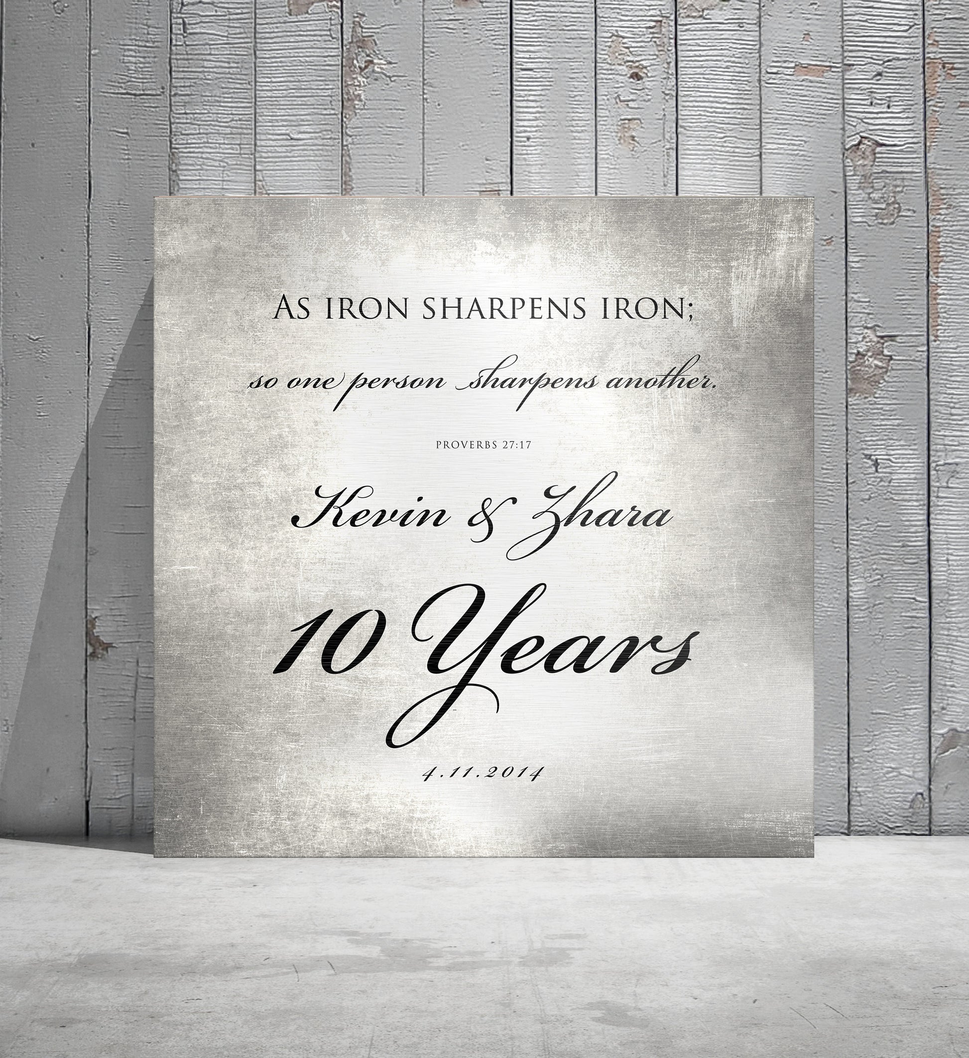 10 Years of Marriage plaque, Iron sharpens iron sign for couples, Tin anniversary gift for husband and wife, 10th anniversary gift for him