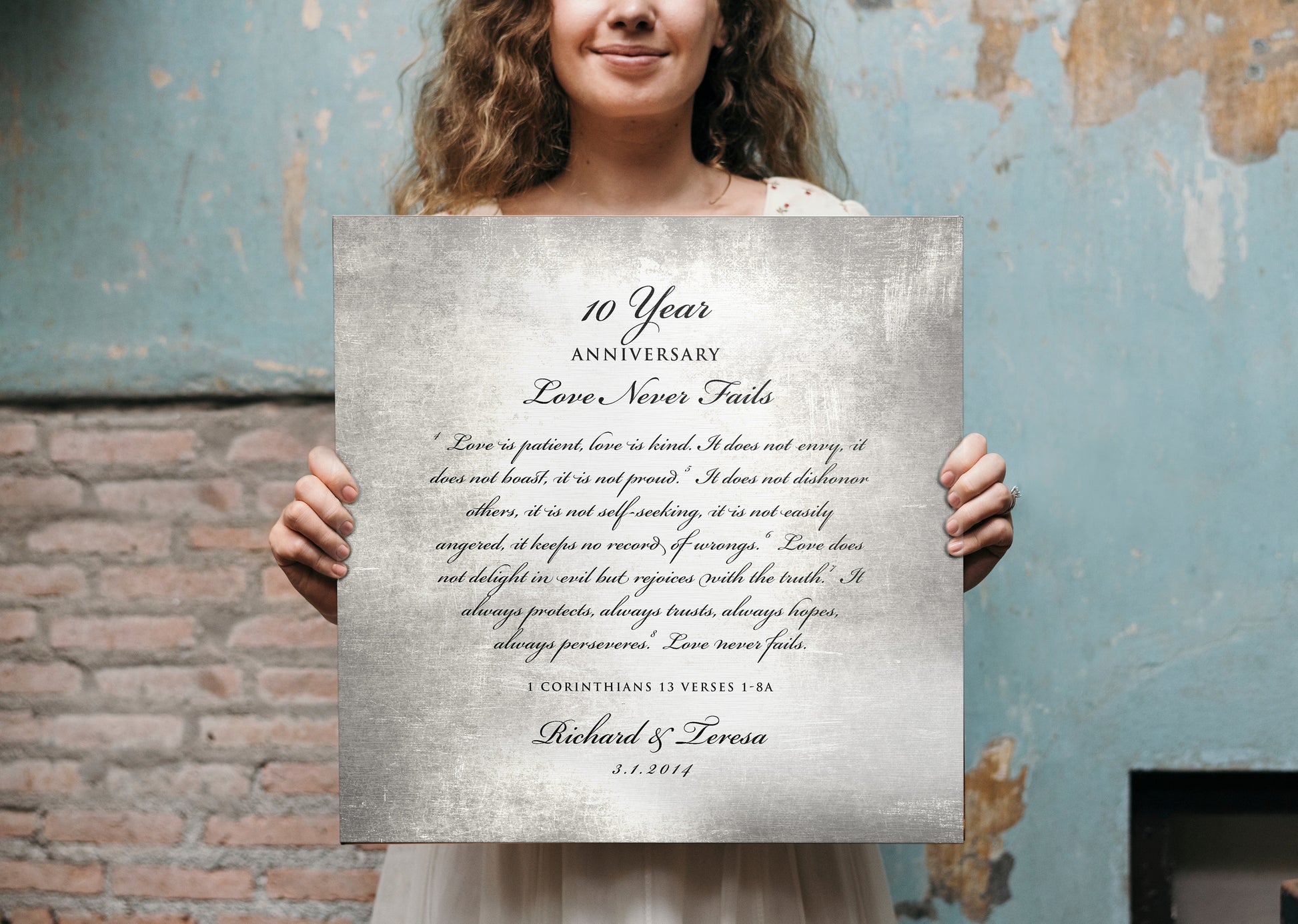 10 Year, Tin anniversary gift, Love is patient wall art, Personalized anniversary gift, 10 Year Anniversary, Gift for Couple, 1 Cor 13 Decor