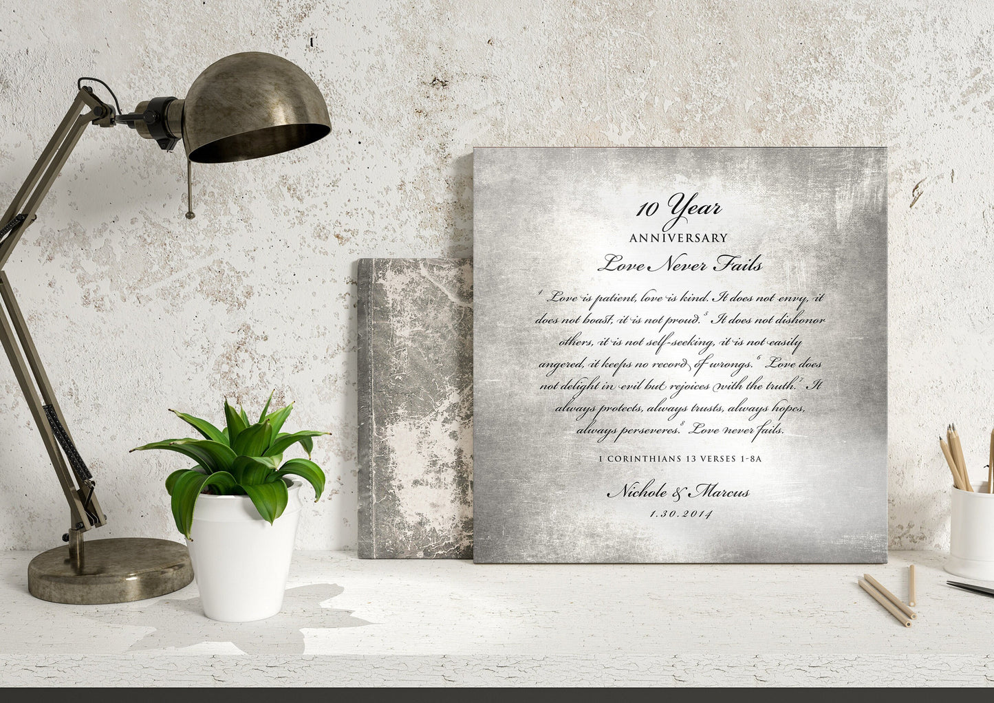 10 Year, Tin anniversary gift, Love is patient wall art, Personalized anniversary gift, 10 Year Anniversary, Gift for Couple, 1 Cor 13 Decor