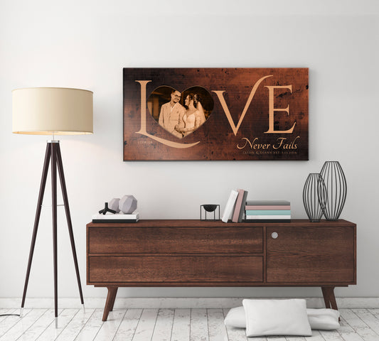 Love Never Fails Sign, Anniversary Gift for wife, Wedding Photo Gift, 8th anniversary, Sign with Heart, Christian couple Gift, Sign over bed