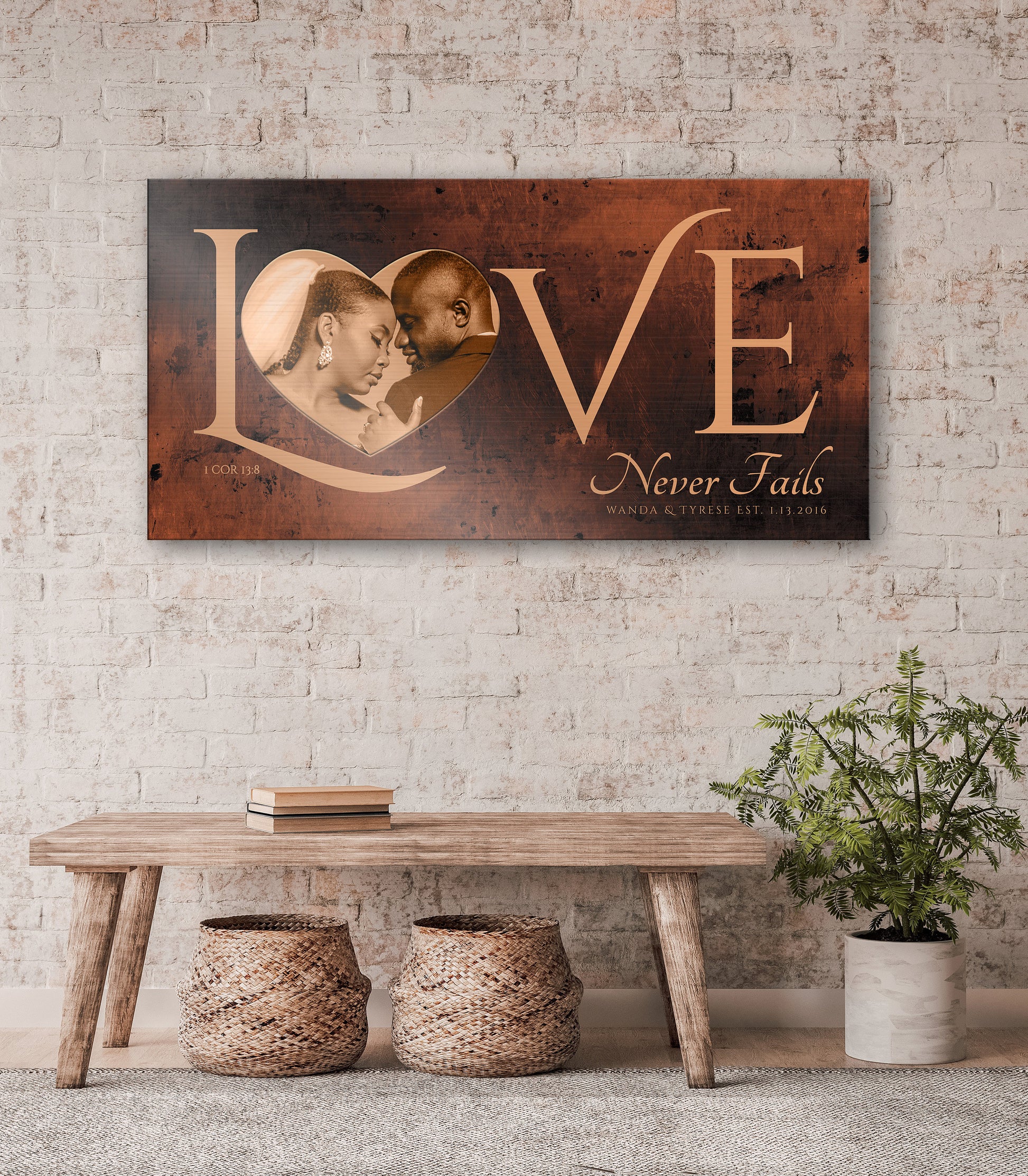 Love Never Fails, Personalized Couple's Gift, Bedroom Sign, Anniversary Gift for wife, Iron Anniversary, Gift for Wife, Bronze, Copper, Tin