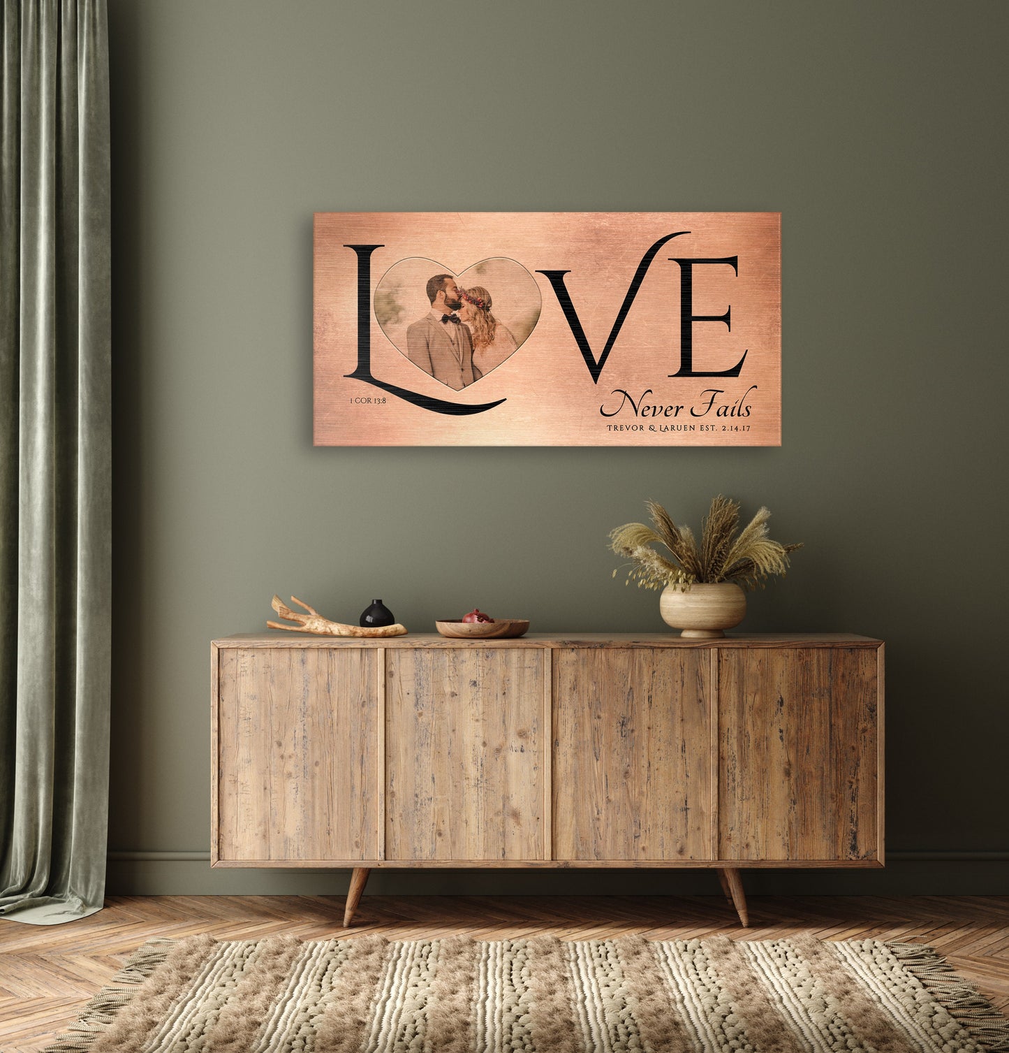 Love Never Fails, Personalized Couple's Gift, Bedroom Sign, Anniversary Gift for wife, Iron Anniversary, Gift for Wife, Bronze, Copper, Tin