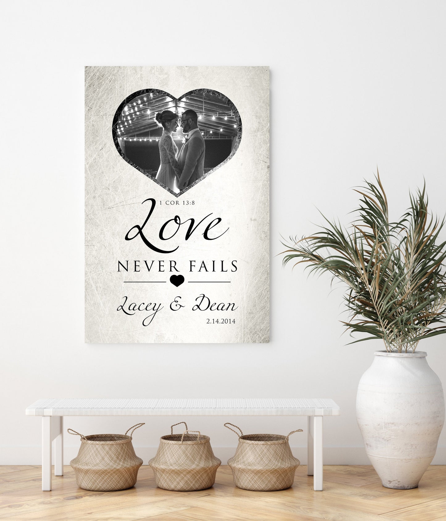 Love Never Fails Photo Sign, Personalized Anniversary plaque, 1 Cor 13 Art, Custom Copper Gift, Heart framed photo, Est Sign for couple