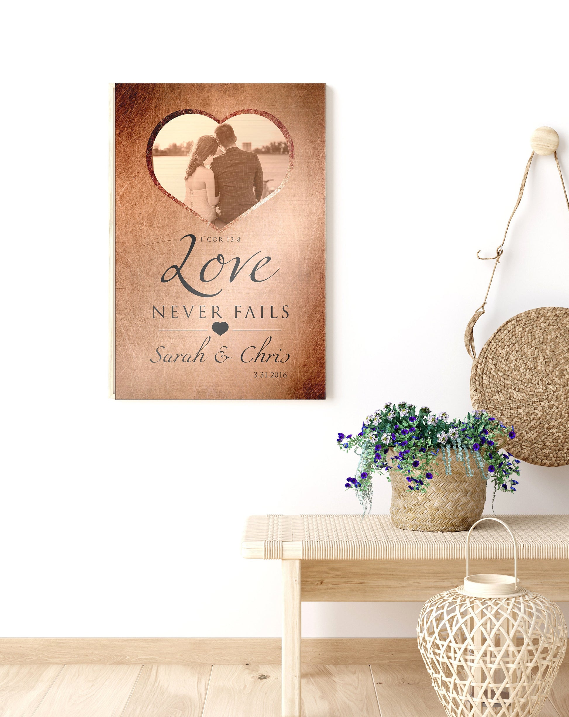 Love Never Fails Photo Sign, Personalized Anniversary plaque, 1 Cor 13 Art, Custom Copper Gift, Heart framed photo, Est Sign for couple