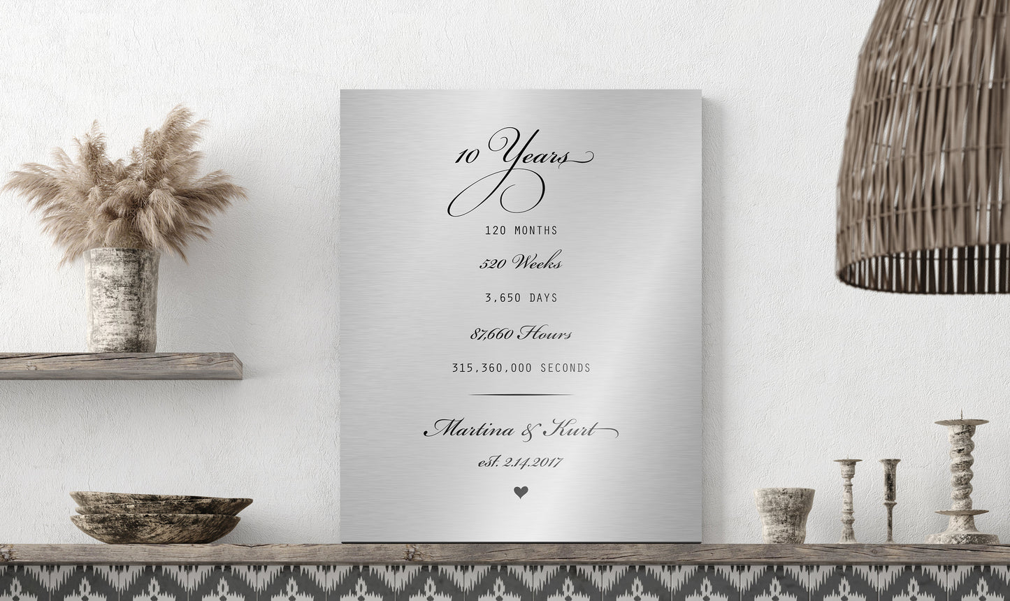 Premium Tin Anniversary Sign, 10 Years 120 Months Sign, Personalized Iron Plaque, Romantic Gift for wife, Anniversary gift for friend