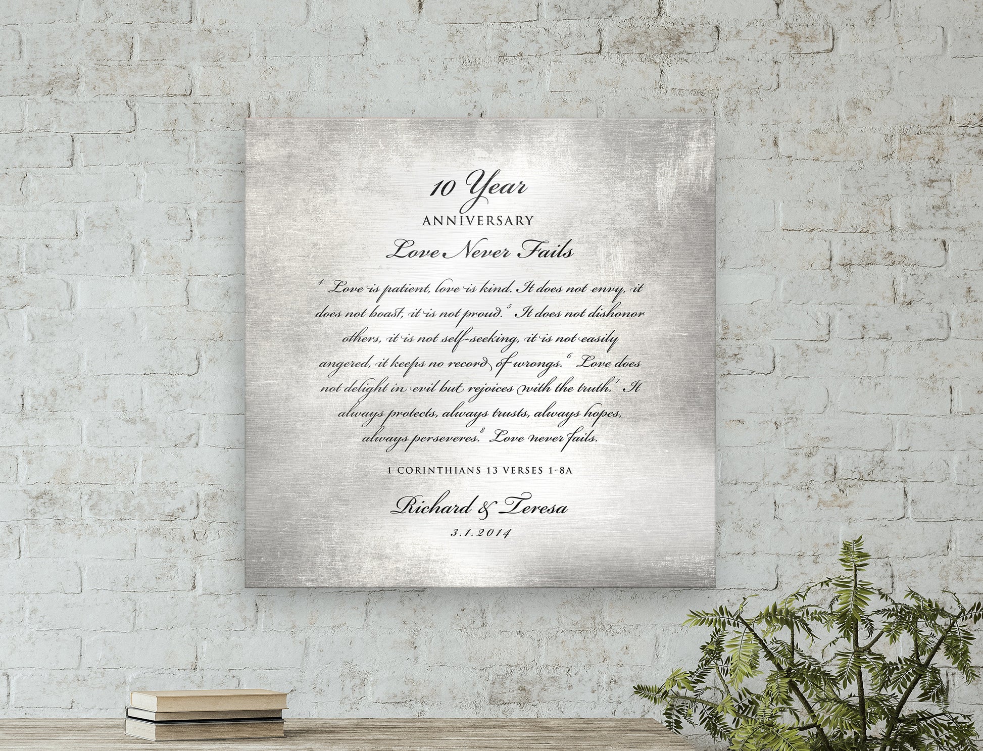 10 Year, Tin anniversary gift, Love is patient wall art, Personalized anniversary gift, 10 Year Anniversary, Gift for Couple, 1 Cor 13 Decor