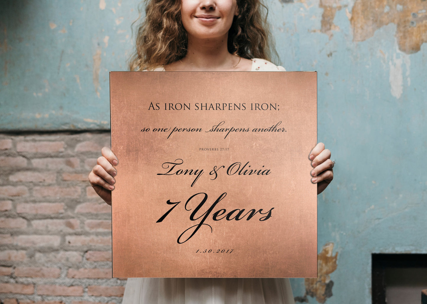 Copper Wedding Anniversary Sign, Proverbs 27:17 copper gift, 7 year anniversary, Gift for husband, Personalized, Christian Gift for couple