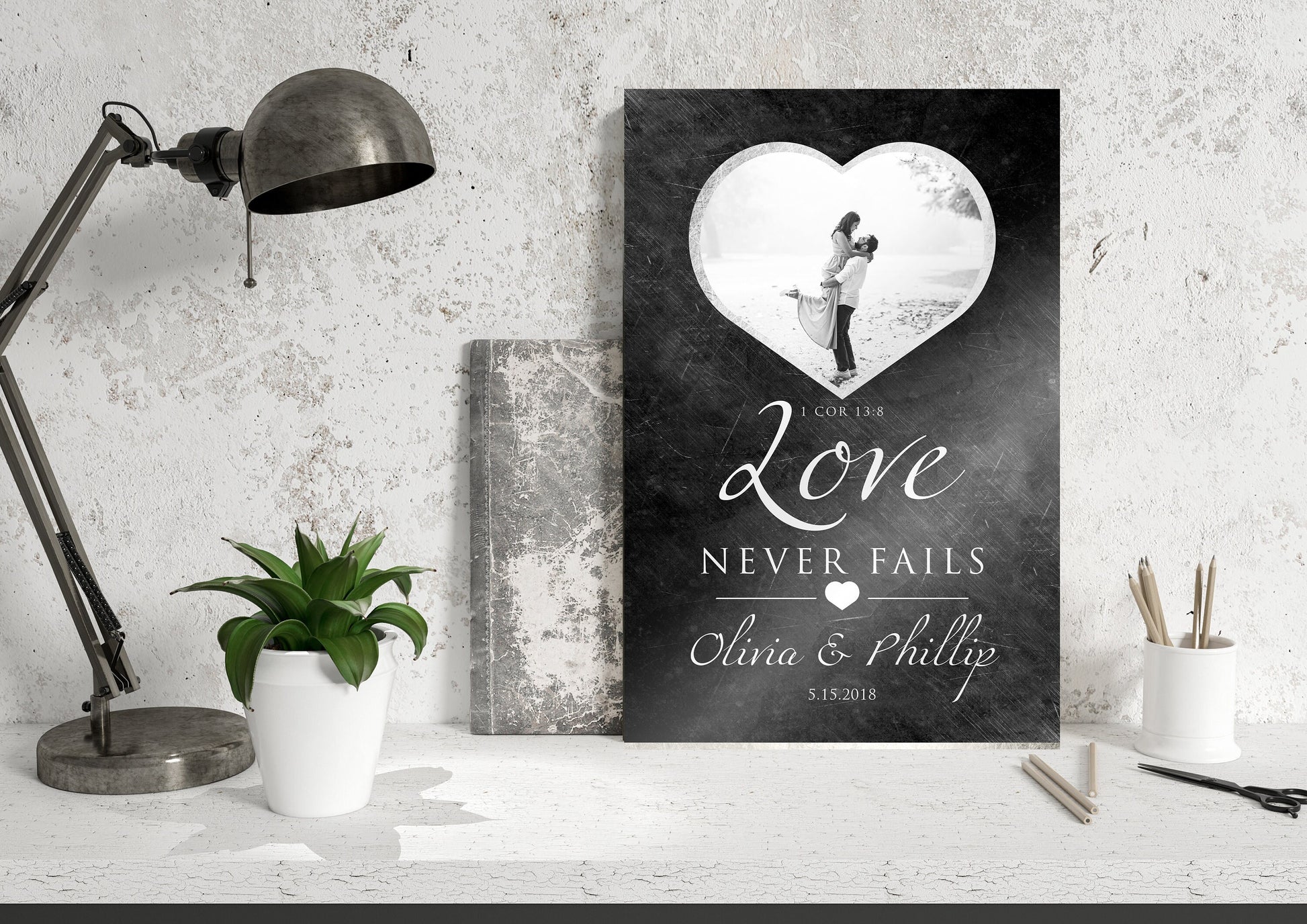 Personalized Love Never Fails Photo art, Whimsical Bedroom Decor, Christian anniversary gift, 1 Cor 13 Art, ten year anniversary, Photo Gift