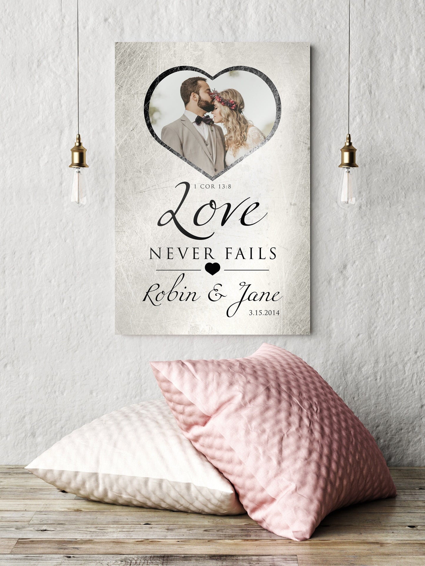 Personalized Love Never Fails Photo art, Whimsical Bedroom Decor, Christian anniversary gift, 1 Cor 13 Art, ten year anniversary, Photo Gift