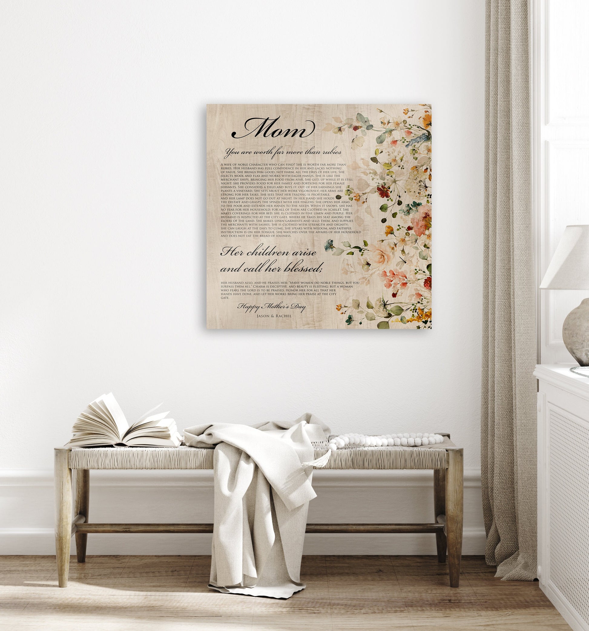 Proverbs 31 Personalized Keepsake, Womens Religious, Christian Wood Sign, 5th Anniverary gift for wife, Floral, Tribute to mother, Mom Gift