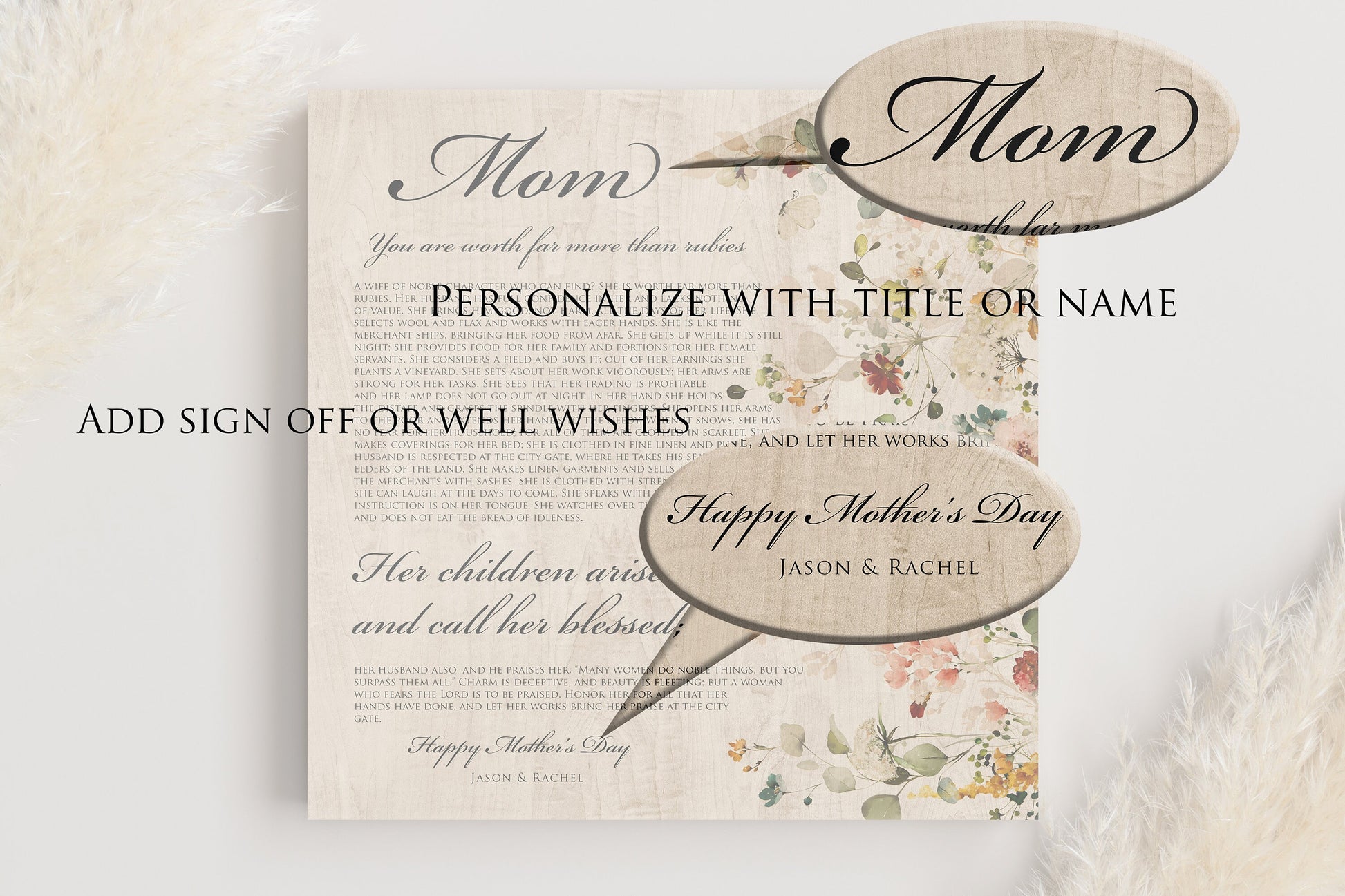 Proverbs 31 Personalized Keepsake, Womens Religious, Christian Wood Sign, 5th Anniverary gift for wife, Floral, Tribute to mother, Mom Gift