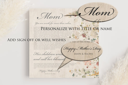 Proverbs 31 Personalized Keepsake, Womens Religious, Christian Wood Sign, 5th Anniverary gift for wife, Floral, Tribute to mother, Mom Gift